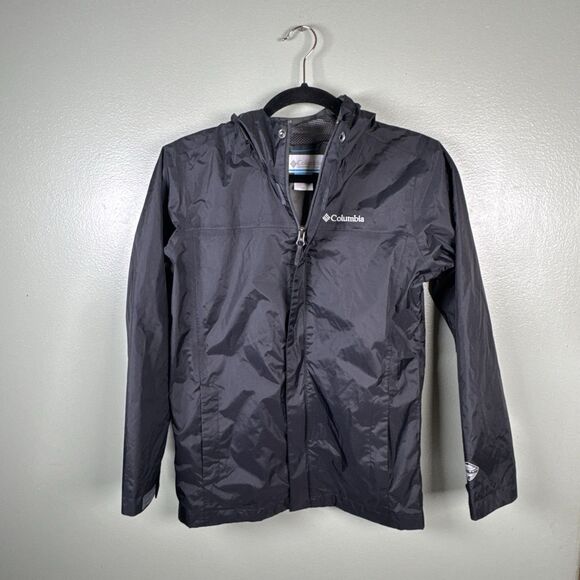 Columbia Youth M Black Omni Tech Jacket Hood Full Zip Lined Pockets Windbreaker - Picture 1 of 12